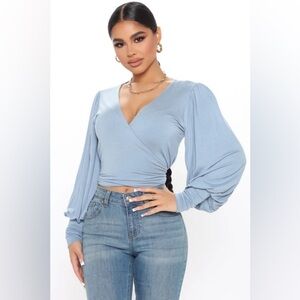 NWT Fashion Nova Light Blue Wrap Blouse A0257